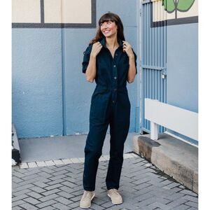 Mod Ref Womens Winnett Short Sleeve Jumpsuit Indigo Navy Blue Medium 100% Cotton